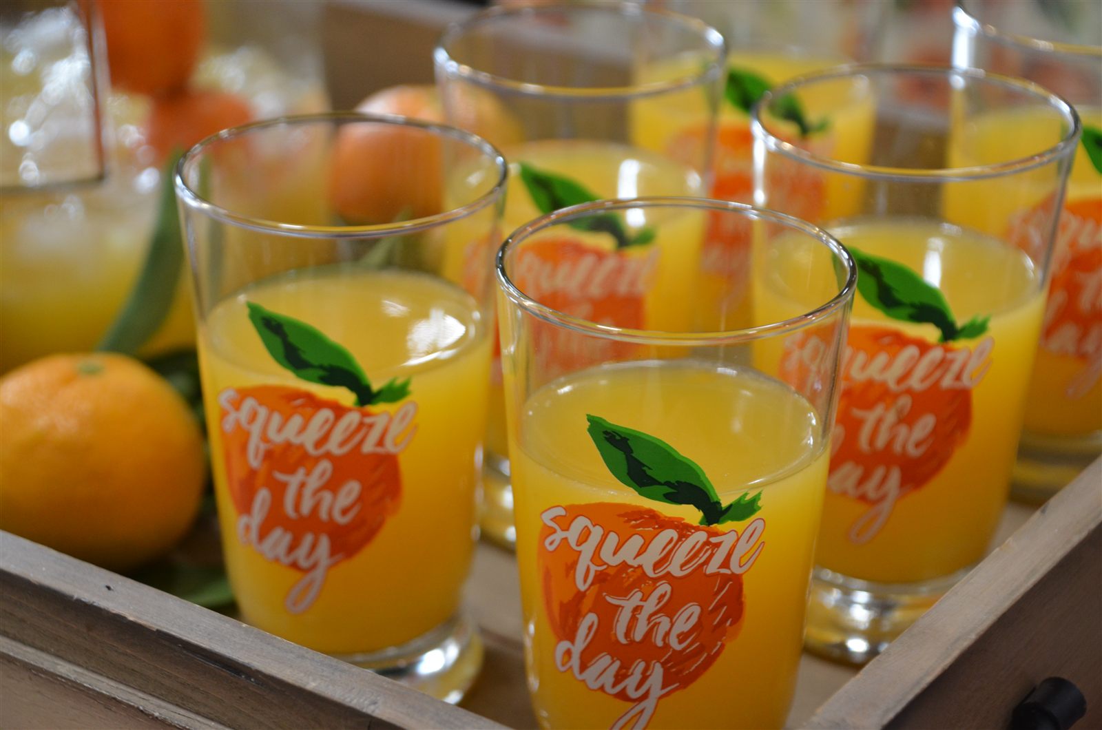 Glasses of fresh mandarin juice reading "Squeeze the Day", surrounded by Placer County mandarins at the Mountain Mandarin Festival